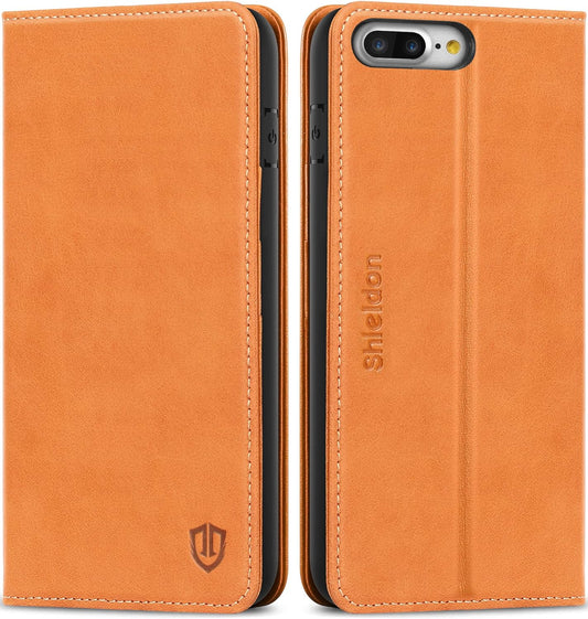 Wallet Case for Iphone 8 Plus, Genuine Leather Iphone 7 plus Case Kickstand Book Design with Flip Cover Credit Card Slot Magnetic Closure Compatible with Iphone 8 Plus/Iphone 7 plus - Brown