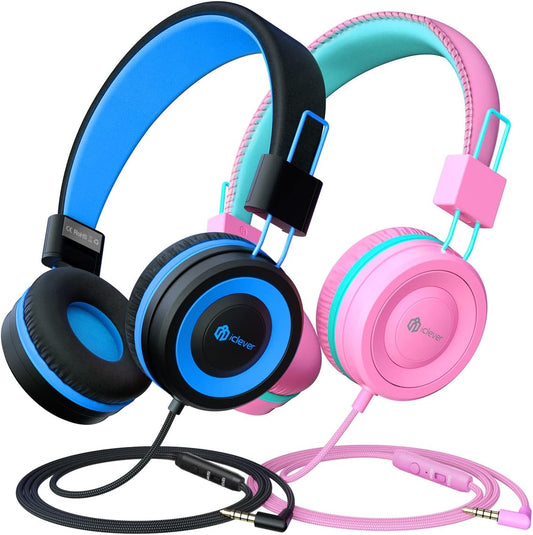 [Upgraded] HS14 Kids Headphones with Microphone, 85/94Db Volume Limited, Foldable Wired Kids Headset for Boys/Girls/Tablet/Travel/School (Black&Pink)