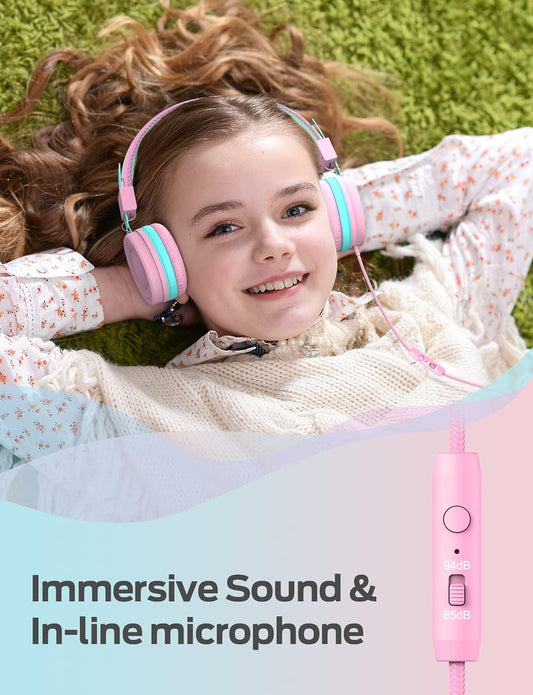 [Upgraded] HS14 Kids Headphones with Microphone, 85/94Db Volume Limited, Foldable Wired Kids Headset for Boys/Girls/Tablet/Travel/School (Black&Pink)